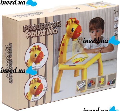 Детский столик проектор для рисования Projector Painting Жираф 3 в 1 набор для творчества с мольбертом, фломастерами и световыми слайдами Желтый