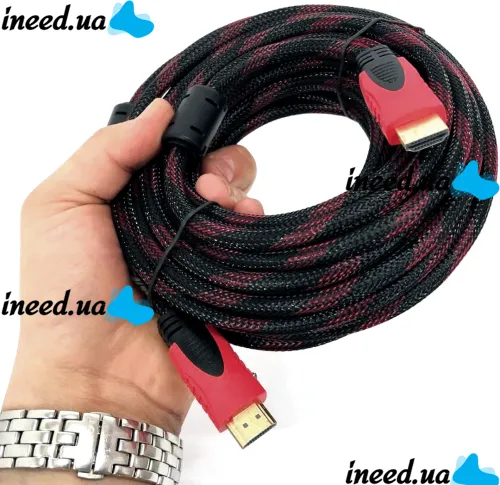 Посилений кабель Hdmi to Hdmi 15м 1080p в обмотці, кабель-подовжувач HDMI-HDMI 15m 15 m 15 м 15 м для монітора і телевізора в обплетенні Чорно Червоний