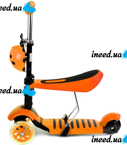 Трехколесный детский самокат беговел Scooter FYS-2864 Orange 5 в 1 со складным сиденьем, родительской ручкой и светящимися колесами Оранжевый