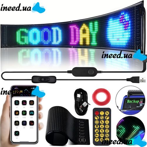 Гибкий экран Matrix Panel JTPD-03-011 9.2х37.4 см 16х64 LED светодиодная рекламная RGB лента в авто, бегущая строка с пультом и Bluetooth WiFi