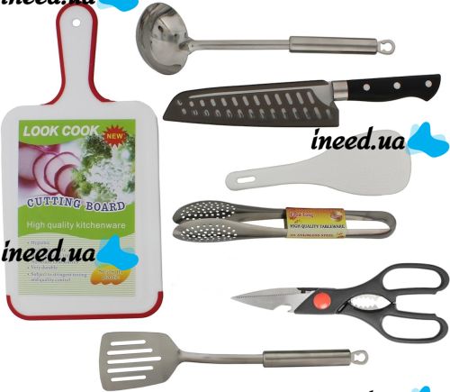 Набор туристической посуды Kitchen Utensil BBQ комплект столовых приборов на 7 предметов ножницы ложка доска щипцы резак для кемпинга в сумке чехле