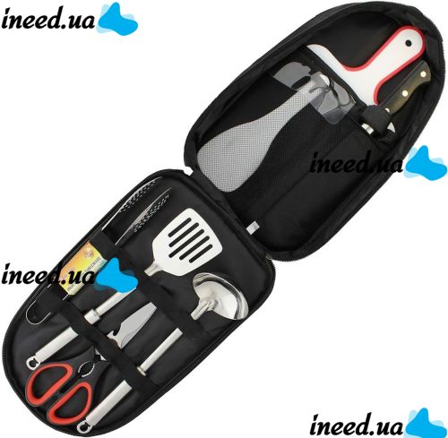 Набор туристической посуды Kitchen Utensil BBQ комплект столовых приборов на 7 предметов ножницы ложка доска щипцы резак для кемпинга в сумке чехле