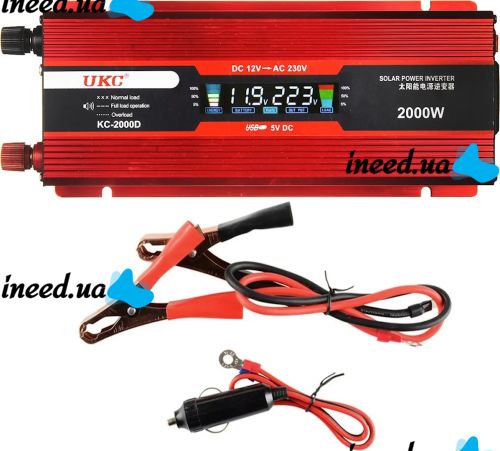 Автомобильный инвертор UKC 12V-220V 2000W KC-2000D авто преобразователь напряжения тока с LCD дисплеем от прикуривателя, аккумулятора с экраном