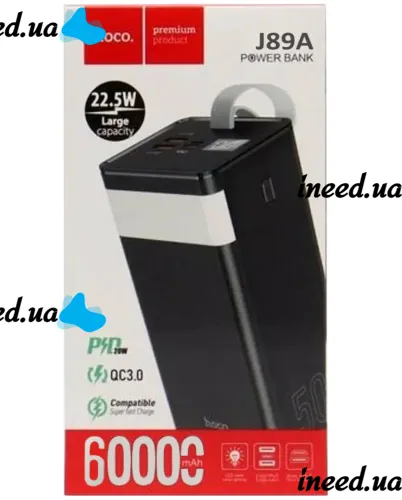 Внешний аккумулятор с быстрой зарядкой Power Bank Hoco J89A 60000mAh 22.5W, Портативная батарея повербанк Хоко 18W с фонариком и ремешком Черный