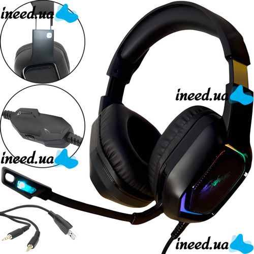 Игровые проводные наушники Cyberpunk CP-007 с подсветкой и микрофоном Геймерские полноразмерные наушники с гарнитурой для ПК и ноутбука 96491 Черные