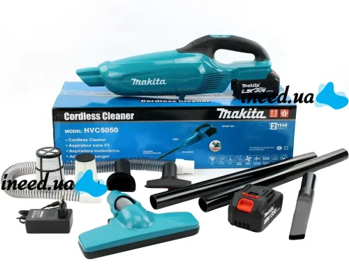 Аккумуляторный пылесос Makita HVC5050 36V 5Ah с насадками, Беспроводной пылесос Макита с 2 аккумуляторами 2 режима скорости для авто и дома Синий