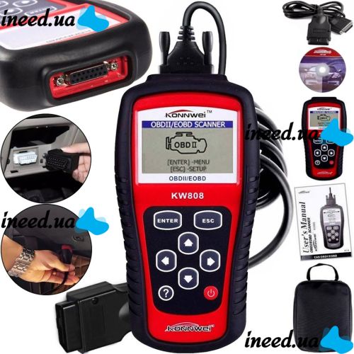 Автомобильный сканер OBDII/EOBD Konnwei KW808 для диагностики ошибок двигателя, универсальный диагностический автосканер с LCD дисплеем ELM327