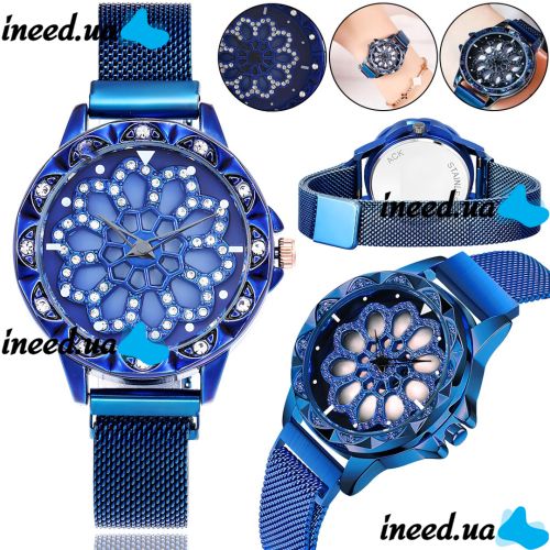 Женские наручные часы Flower Diamond Rotation Watch Blue WJ-8052 с вращающимся круглым роторным циферблатом и ремешком на магнитной застежке Синие