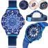 Жіночий наручний годинник Flower Diamond Rotation Watch Blue WJ-8052 з обертовим круглим роторним циферблатом і ремінцем на магнітній застібці Сині