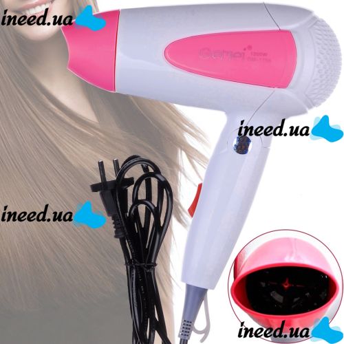 Складной дорожный фен Gemei GM-1756 Pink портативный для укладки и сушки волос со сборной ручкой, насадкой и терморегулятором 1200W Розовый