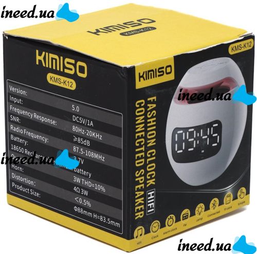 Беспроводная Bluetooth колонка с часами Kimiso KMS-K12 3W аккумуляторный портативный мини динамик с будильником и RGB LED подсветкой microUSB