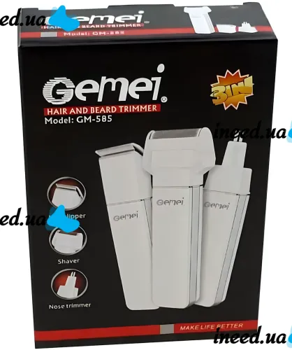 Беспроводная машинка для стрижки волос Gemei GM-585 3 в 1 аккумуляторная бритва, триммер для окантовки бороды и усов со сменными насадками Geemy