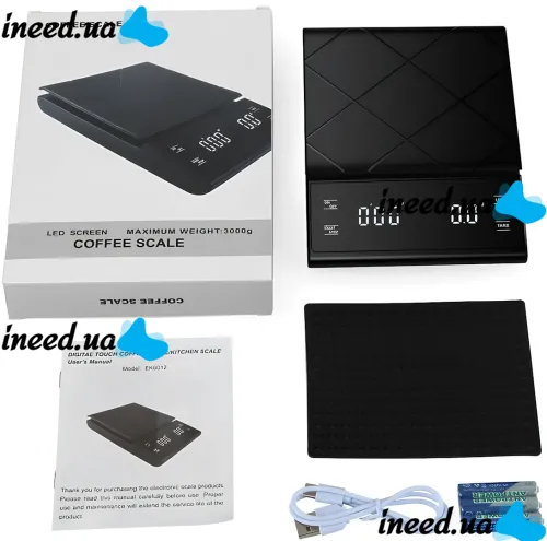 Кухонные сенсорные весы Coffee Scale EK6012 до 5 кг, аккумуляторные весы для взвешивания кофе с LED-дисплеем, таймером и плоской платформой 4058