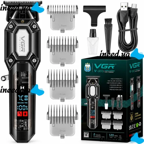 Аккумуляторная машинка для стрижки волос VGR V-900 5W беспроводной мужской триммер для окантовки бороды и усов со сменными насадками и дисплеем USB