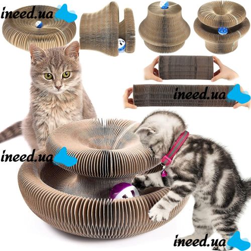 Когтеточка лежанка для кішок Cat Scratching Board 2 в 1 підлогова складна іграшка з м'ячиком для гри з гофрокартону, розкладний чарівний орган