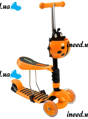 Трехколесный детский самокат беговел Scooter FYS-2864 Orange 5 в 1 со складным сиденьем, родительской ручкой и светящимися колесами Оранжевый