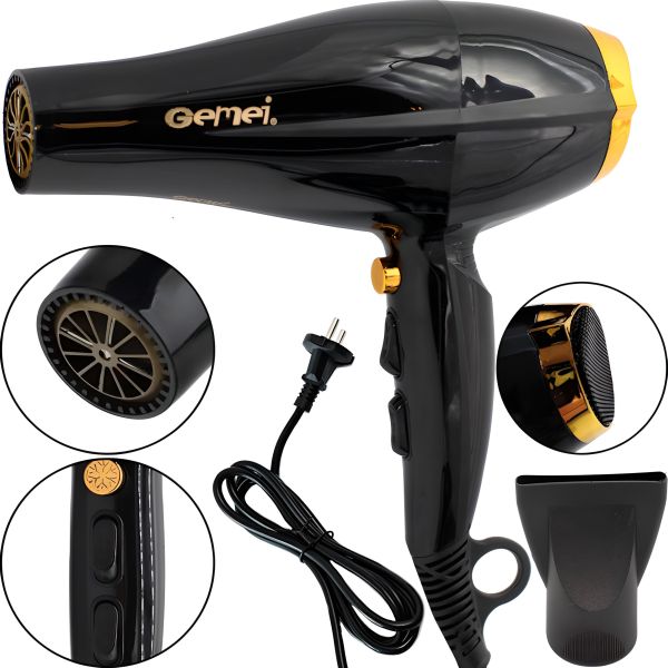 Professional Hair Dryer Gemei GM-1765 2800W for Drying and Styling Hair, Electric Hair Dryer with Cold Blowing and Concentrator 3 Speeds 2800W Black