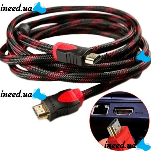 Усиленный кабель Hdmi to Hdmi 5м 1080p в обмотке Кабель-удлинитель HDMI-HDMI 5m 5 m, 5 м для монитора и телевизора в оплетке Черно Красный