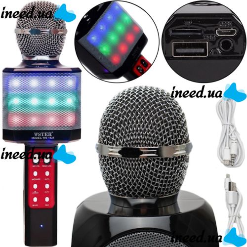 Беспроводной караоке микрофон WSTER WS-1828 Bluetooth USB AUX FM со встроенной колонкой и 4 тембрами голоса на аккумуляторе с динамиком WS1828 Черный