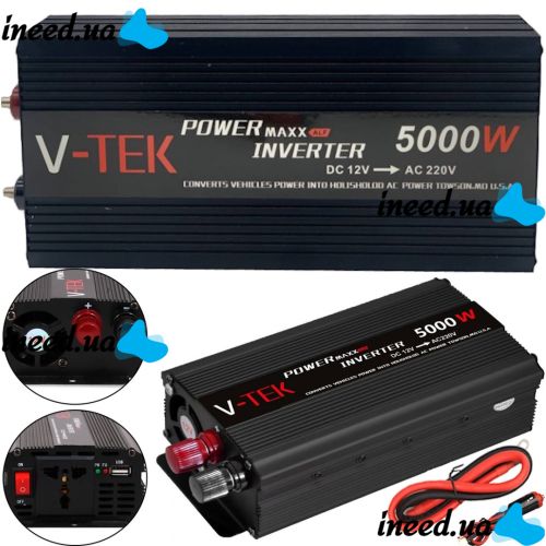 Автомобильный инвертор V-TEK PowerMaxx SSK-5000W 12V-220V от прикуривателя и аккумулятора, Авто преобразователь напряжения тока 12В 5000Вт, Черный