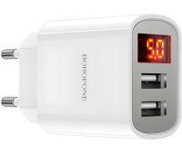 Сетевое зарядное устройство Borofone BA58A Mighty 2 USB 2.4A 12W адаптер питания на 2 порта с LED дисплеем, блок для зарядки телефона 12В Белый