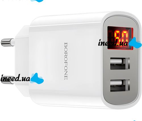 Сетевое зарядное устройство Borofone BA58A Mighty 2 USB 2.4A 12W адаптер питания на 2 порта с LED дисплеем, блок для зарядки телефона 12В Белый