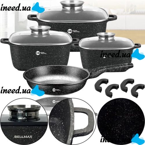 Кухонный набор посуды Bellmax Cookware Set BM-132 3 казана и сковорода для приготовления еды , Кастрюли с крышками и гранитным покрытием 9 предметов