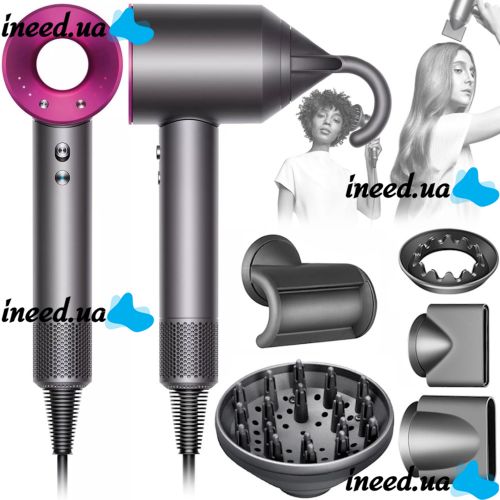 Фен для укладки и сушки волос Super Hair Dryer Supersonic HD07 5 в 1 стайлер со сменными магнитными насадки, защитой от перегрева и турборежимом 1600 W Розовый