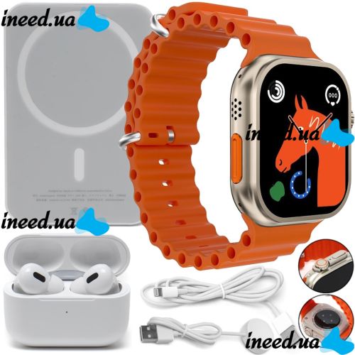 Комплект Aemax 3 в 1 наручные Смарт часы Smart Watch RM22 вакуумные Bluetooth наушники AirPods Pro и беспроводной power bank MagSafe для телефона
