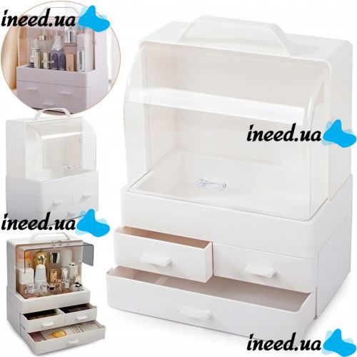 Настольный органайзер для хранения косметики Cosmetic Storage Box GW-880 косметическая полочка 4 секции с выдвижными ящиками и ручкой Белая