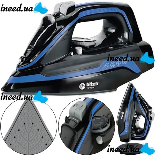 Bitek BT-1297B Wireless Steam Iron 3 modes with ceramic soleplate for ironing clothes, Cordless Iron 3000W with Cordless Base Blue