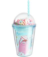Cartoon Funny Cup 500 ml plastic Cup with double Walls, Lid, straw and rainbow balls for water and Hot Drinks
