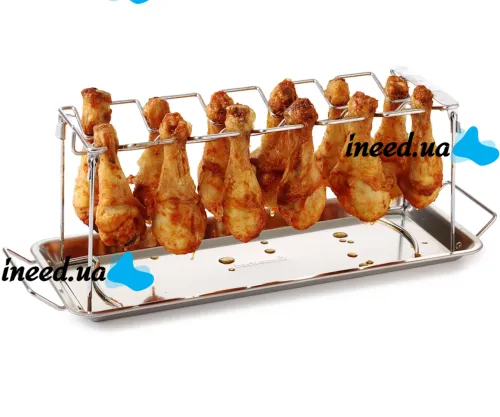Подставка для приготовления куриных ножек A-Plus Barbecude KF-0982 универсальная стойка с поддоном для духовки и гриля, решетка из нержавеющей стали
