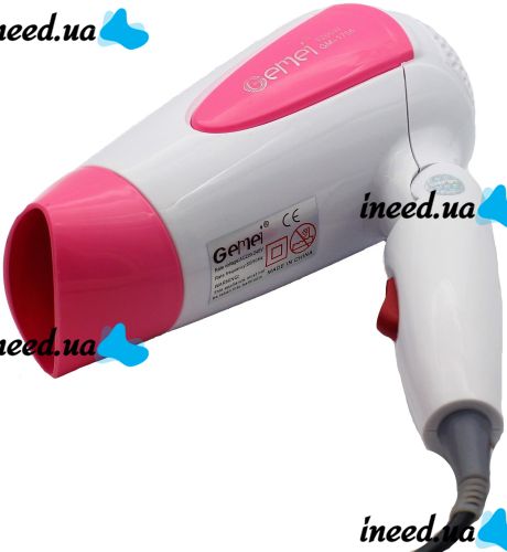 Складной дорожный фен Gemei GM-1756 Pink портативный для укладки и сушки волос со сборной ручкой, насадкой и терморегулятором 1200W Розовый