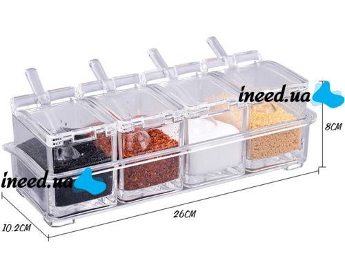 Набор емкостей для хранения специй и приправ Crystal Seasoning Box на 4 отсека, акриловый органайзер, баночки для сыпучих продуктов с подставкой