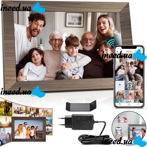 Цифровая акриловая фоторамка Photo Frame Frameo 10.1" 16 ГБ с Wi-Fi сенсорным IPS экраном умная электронная рамка для фото видео с часами Коричневая