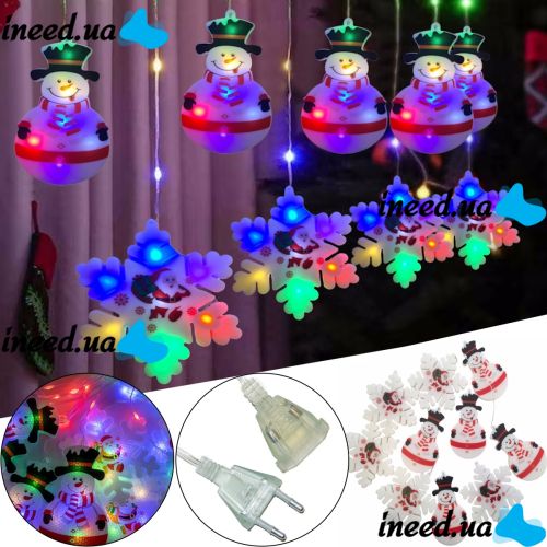 Внутрішня rgb гірлянда штора Xmas 3D фігурки сніговика і сніжинки Мультикольорова 3x0.7м 95led M, Новорічна 300x70 см на вікно будинку РДБ від мережі