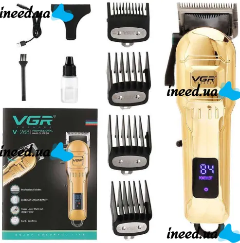 VGR V-268 10W cordless hair trimmer, 3 interchangeable attachments, cordless men's beard and moustache trimmer with LED display USB