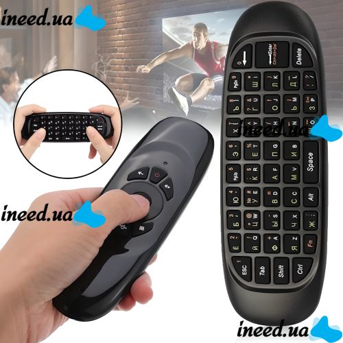 Беспроводная аэромышь C120 RuS с клавиатурой Air mouse с гироскопом, Универсальный USB пульт русская раскладка мини клавиатура на батарейках Черная
