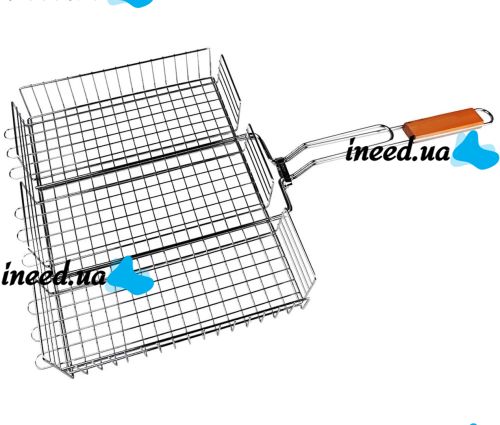 Решетка гриль для барбекю Unique UN-2202 43x33x7.5 см сетка из нержавеющей стали с деревянной ручкой для жарки мяса, рыбы и овощей на мангале A-Plus