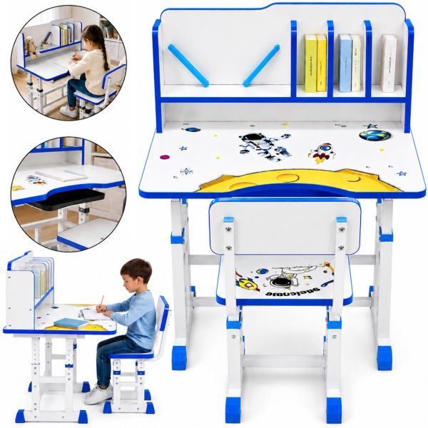 Bambi JU-5129 Convertible Children's Desk and Chair Set—Height-Adjustable Desk and Chair with Shelves and Backpack Holder, 26X-156, Blue