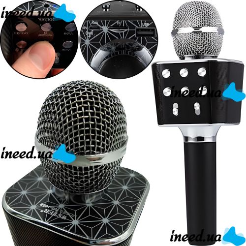 Беспроводной караоке микрофон WSTER WS-1688 Bluetooth USB AUX FM со встроенной колонкой и 5 тембрами голоса на аккумуляторе с динамиком WS1688 Черный