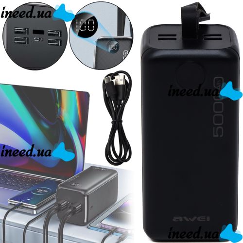 Внешний аккумулятор повербанк Power Bank Awei P114K 50000 mAh 22.5W портативное зарядное устройство для телефона с быстрой зарядкой и дисплеем 4 USB 