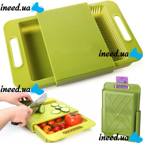 Складная разделочная доска на мойку Outdoor Chopping Board 3 в 1 нескользящая раскладная доска с емкостью и дуршлагом для кухни 37х25 см Зеленая