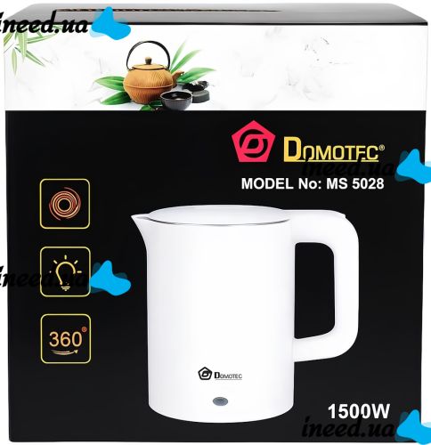 Электрочайник Domotec MS-5028 на 1.8 л настольный дисковый электрический чайник Домотек 1500W с индикатором работы и автоотключением от сети Белый
