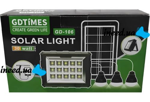 Переносная солнечная станция GDLite GD-106 портативный LED фонарь прожектор с 3 лампами и повербанком на солнечной батареи 4000 мАч GDTimes ZB-28