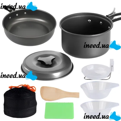 Туристический кухонный набор посуды Cooking Set SY-200 2 в 1 комплект сковородка, кастрюля и кухонные принадлежности в чехле для кемпинга DS-200