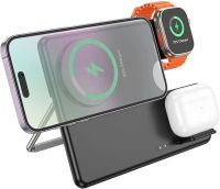 Беспроводное зарядное устройство Hoco Qi Geek Folding Black 3 в 1 магнитная зарядка магсейф для телефона и наушников IOS Android Type-C CQ1 Черная