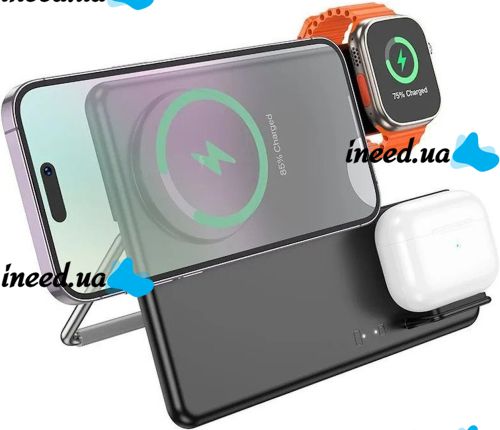 Беспроводное зарядное устройство Hoco Qi Geek Folding Black 3 в 1 магнитная зарядка магсейф для телефона и наушников IOS Android Type-C CQ1 Черная