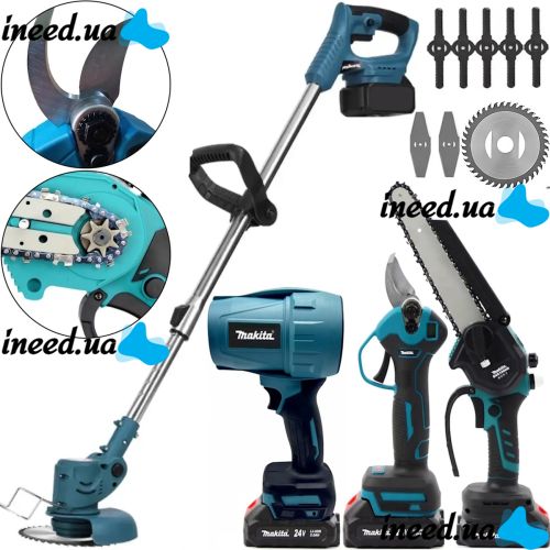 Набор электроинструментов Makita 24V 4в1 аккумуляторный секатор DUP365 пила DUC155Z и газонокосилка UR100DZ воздуходувка DAS180Z с 2 аккумуляторами